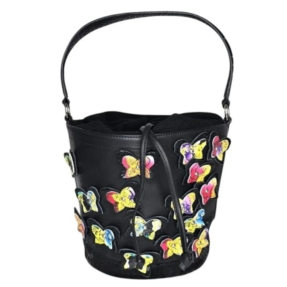 Sharif 1827 Black Leather Suede Butterfly Bucket Bag Crossbody New York Design
